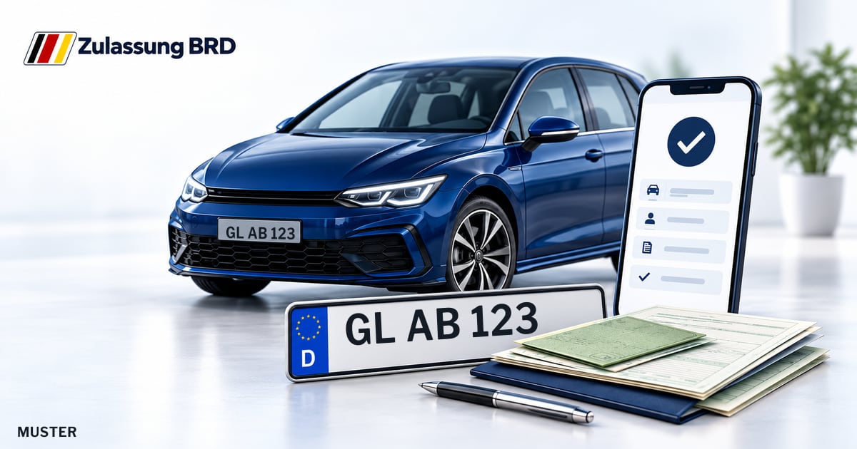 Online Fahrzeugzulassung in Overath: Musterkennzeichen GL AB 123, Auto und Fahrzeugpapiere und Smartphone. Illustration mit Logo von Zulassung BRD.